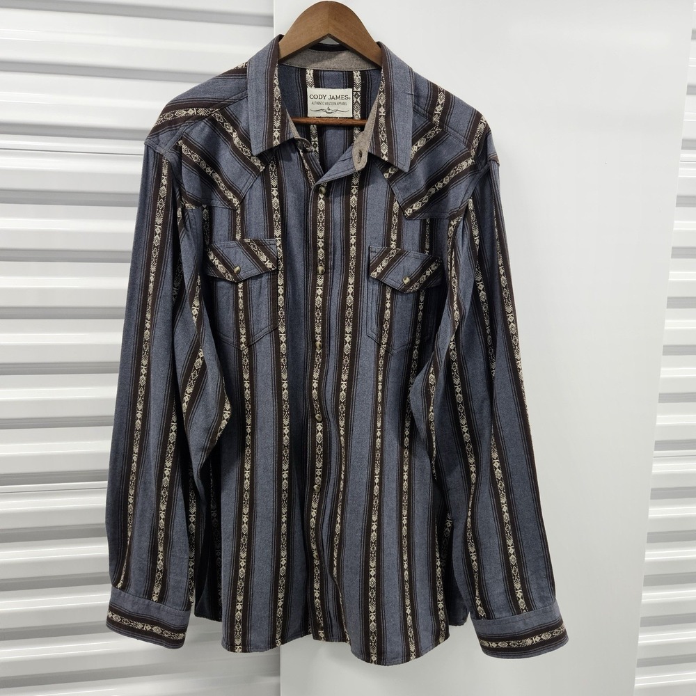 Cody James Western Shirt Men's XXL Blue Brown Stripe Pearl Snap Cowboy Rodeo